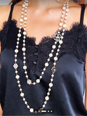 Pearl Long Necklace with Floral Accents
